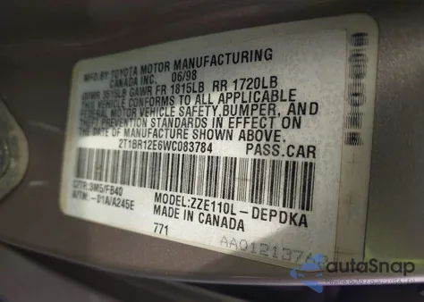 1998 Toyota Corolla Ce из США, поврежденный, VIN 2T1BR12E6WC083784